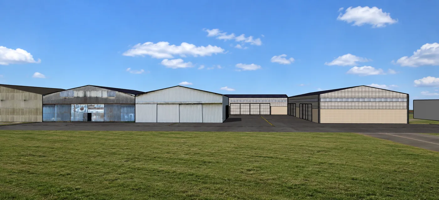 Hangars et aire de stationnement sur l'aérodrome de Toulouse-Lasbordes